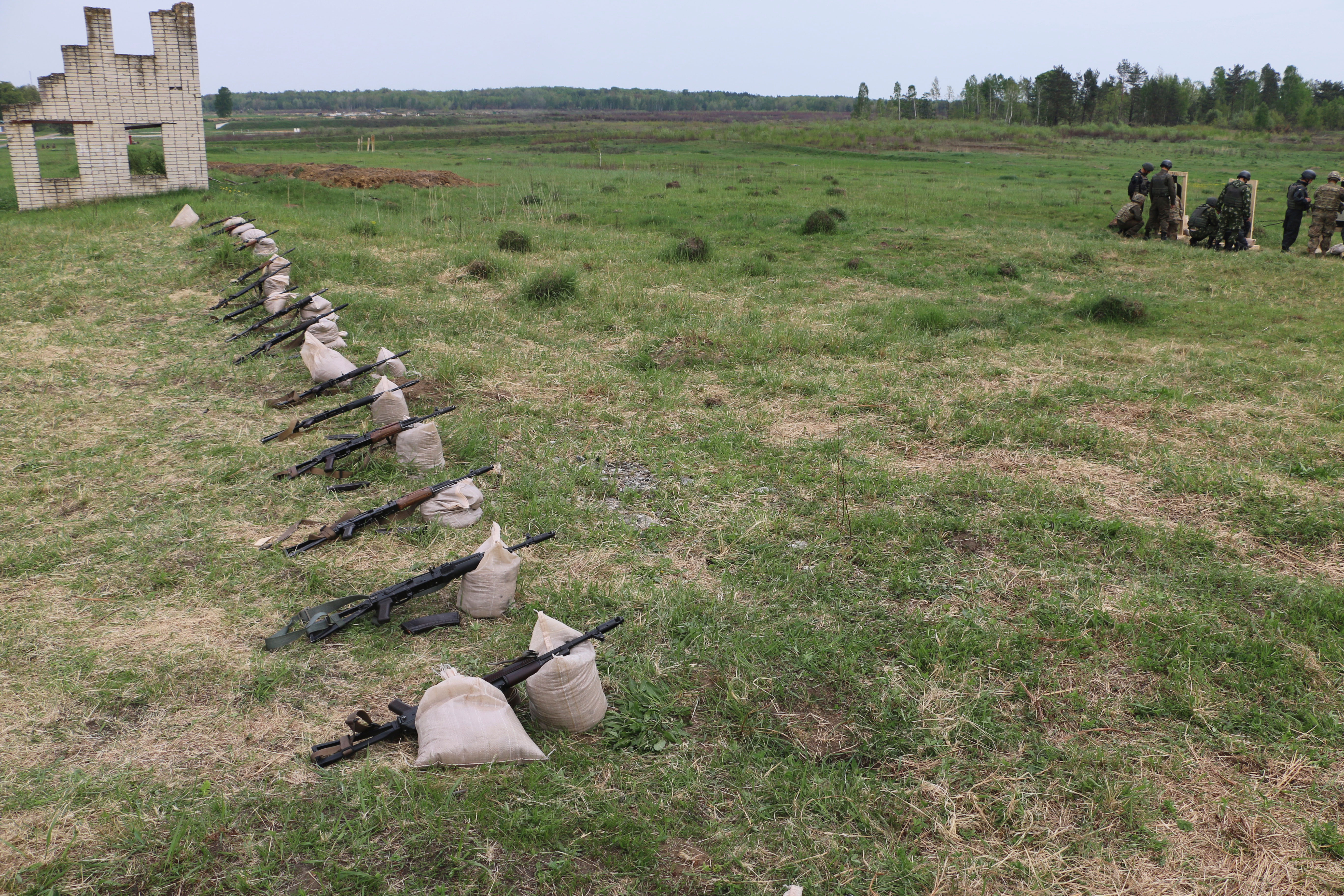 Kalashnikovs lined up on the firing range at the U.S. Army’s training mission in western Ukraine.