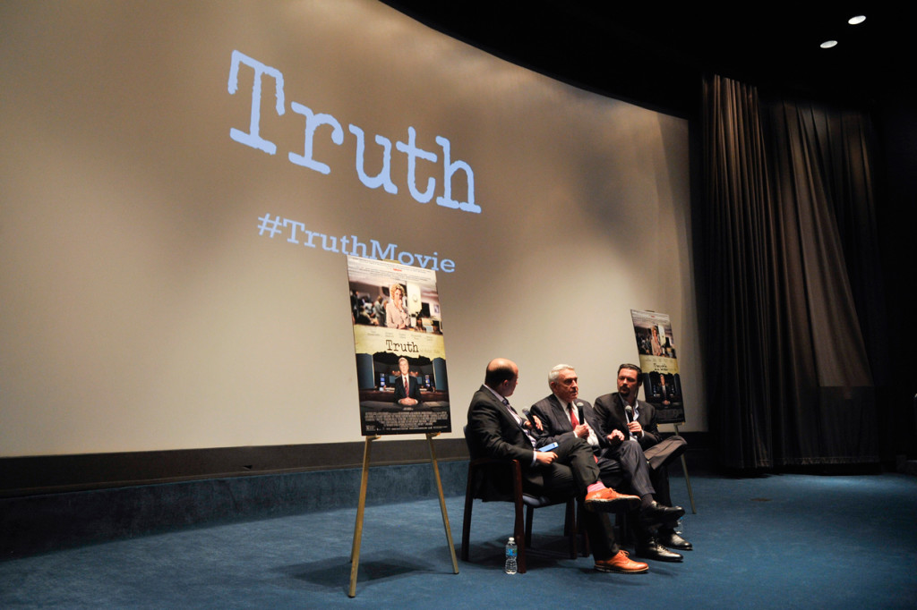 Brian Stelter, left, from CNN's Reliable Sources speaks with former CBS News anchor Dan Rather and Truth director James Vanderbilt following the movie's screening in Washington, D.C., on Oct. 14. (Photo: Kris Connor/Sipa USA/Newscom)