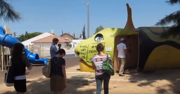 In Sderot, playground equipment made of reinforced concrete also serves as a bomb shelter.