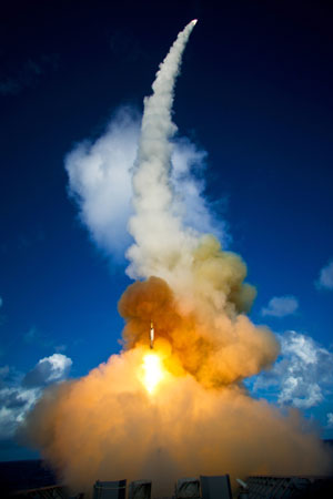 Two modified Standard Missile 2 (SM-2) Block IV interceptors are launched from the guided-missile cruiser USS Lake Erie (CG 70) during a Missile Defense Agency test to intercept a short-range ballistic missile target June 5, 2008 in the Pacific Ocean west of Kauai, Hawaii. The missile, one of two launched, intercepted the target approximately 12 miles high on the Pacific Missile Range Facility. This was the second of two successful intercepts of the sea-based terminal capability and the fourteenth overall successful test of the Aegis Ballistic Missile Defense Program.