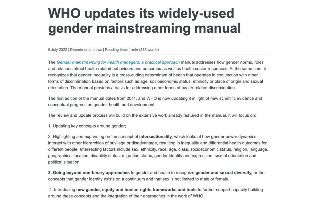 The updated manual will be “going beyond non-binary approaches” to recognize that gender identity exists on a continuum and that “sex is not limited to male or female,” a WHO website reads. Some health professionals are reportedly worried by the move.