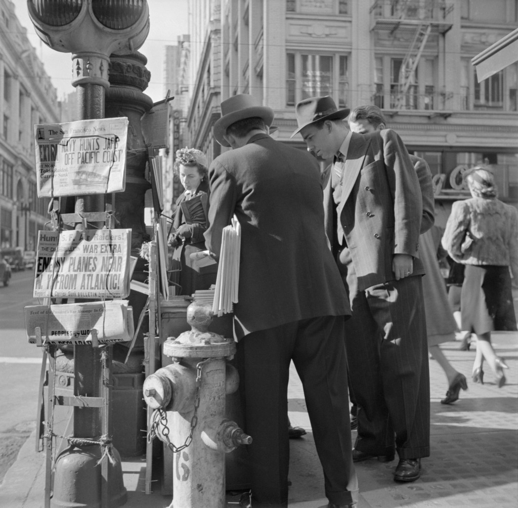 A San Francisco newspaper stand on Monday morning, Dec. 8, 1941, the day after Japanese attack on Pearl Harbor. (Photo: Newscom)