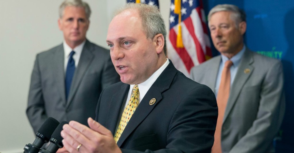 Republican Representative from Louisiana Steve Scalise (C) delivers remarks in front of House Majority Leader Republican Kevin McCarthy (L) and Republican Representative from Michigan Fred Upton (R), during a news conference with US House Republican leadership, on Capitol Hill in Washington DC (Photo: Michael Reynolds/EPA/Newscom)