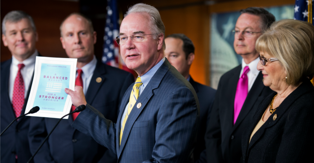 Rep. Tom Price, R-Ga., chairman of the House Budget Committee, displays a Republican budget blueprint that aims to balance in 10 years. Democrats criticized the plan for cutting spending, and have prevented it from being implemented. (Photo: Tom Williams/CQ Roll Call/Newscom)