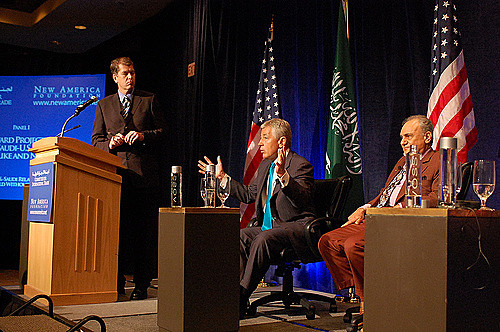 Chuck Hagel (center), advocating for closer U.S.-Saudi Arabia ties at a 2009 New America Foundation conference on U.S.-Saudi ties