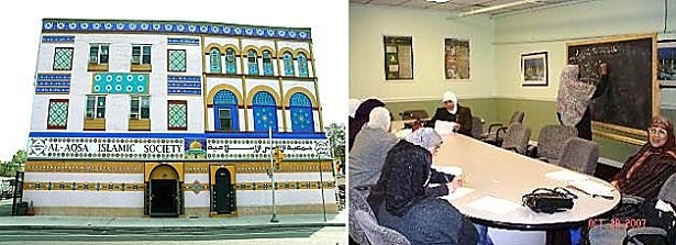 The Obama Administration brought a delegation of Bulgarian Muslims to the Al Aqsa Islamic Society in Philadelphia (left), holding AAIS' supremacist, intolerant version of Islam as a model for Muslims worldwide. At right, a taxpayer funded women-only class inside the AAIS.