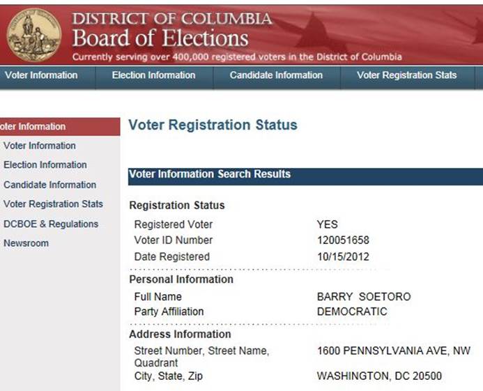 barry soetoro - dc voter - obama registered democrat - white house