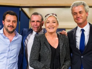 French far-right National Front party leader Marine Le Pen, second right, poses for photographers with Dutch far-right Freedom Party leader Geert Wilders, right, Austria's Secretary General of the Freedom Party Harald Vilimsky, second left, and Federal Secretary of Italy's Northern League Matteo Salvini after a meeting of EU far-right parties at the European Parliament in Brussels, in 2014.